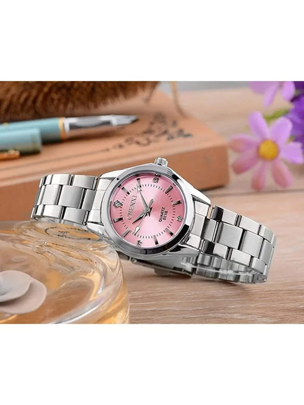 Women's Pink Analog Quartz Stainless Steel Luminous Waterproof Dress Watches
